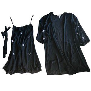 AS IS Oscar De La Renta Small Black Night Gown & Robe w/ Tie Embroidered Vtg